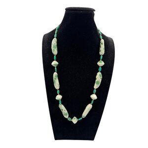 Ceramic Necklace With Green and White Oval Beads 925 Clasp